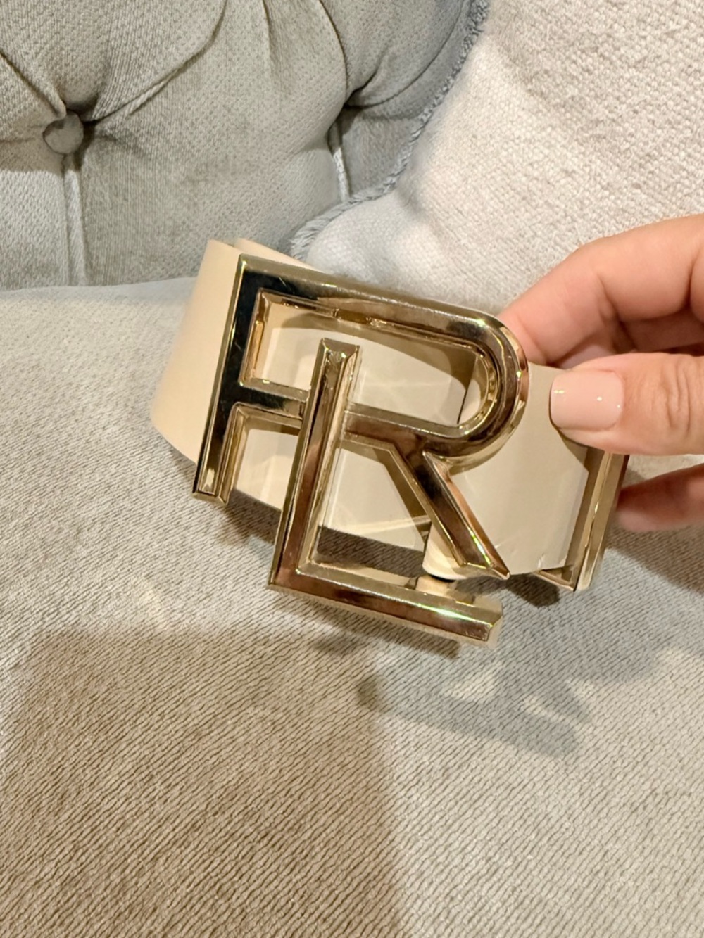 Ralph Lauren Collection Gold Logo Belt in color Bone, size S 29 w dust bag